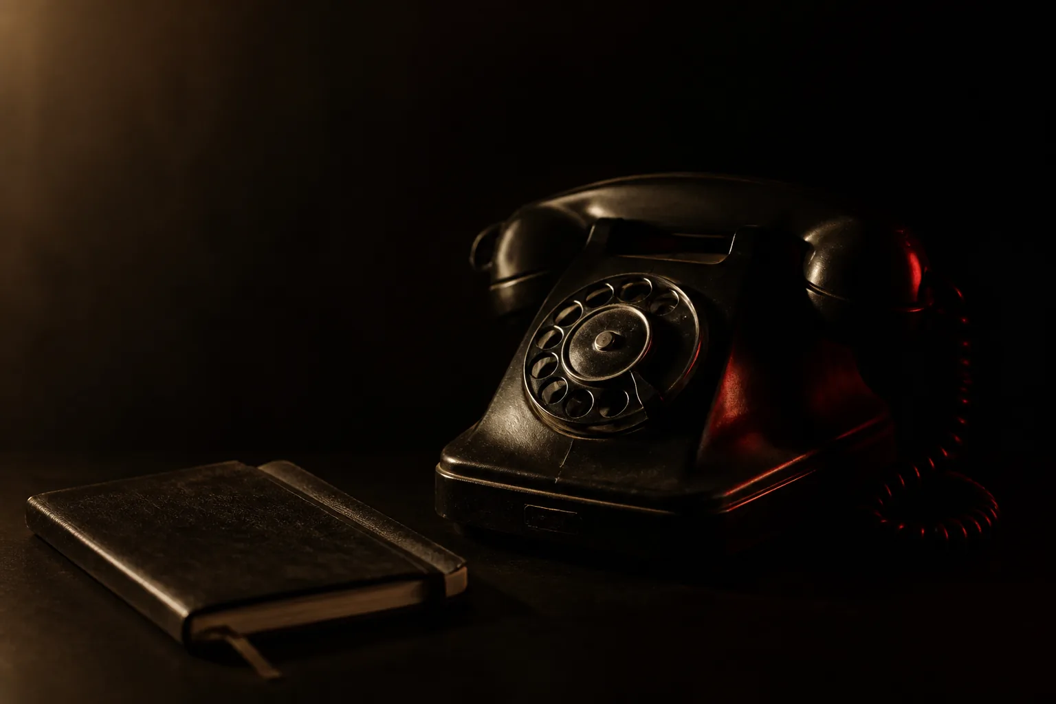 Teléfono de escritorio y libreta cerrada bajo una luz cálida sobre negro / Desk phone and closed notebook under a warm light on black