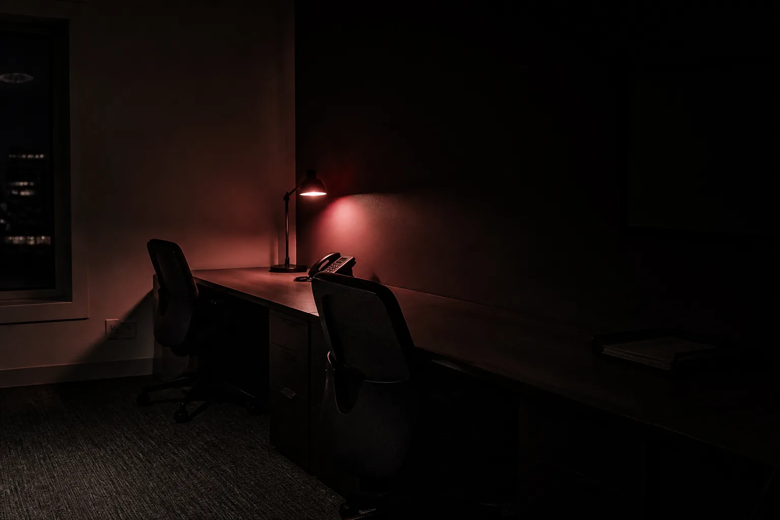 Rincón de redacción a oscuras con una lámpara roja tenue / Dark newsroom corner lit by a dim red lamp
