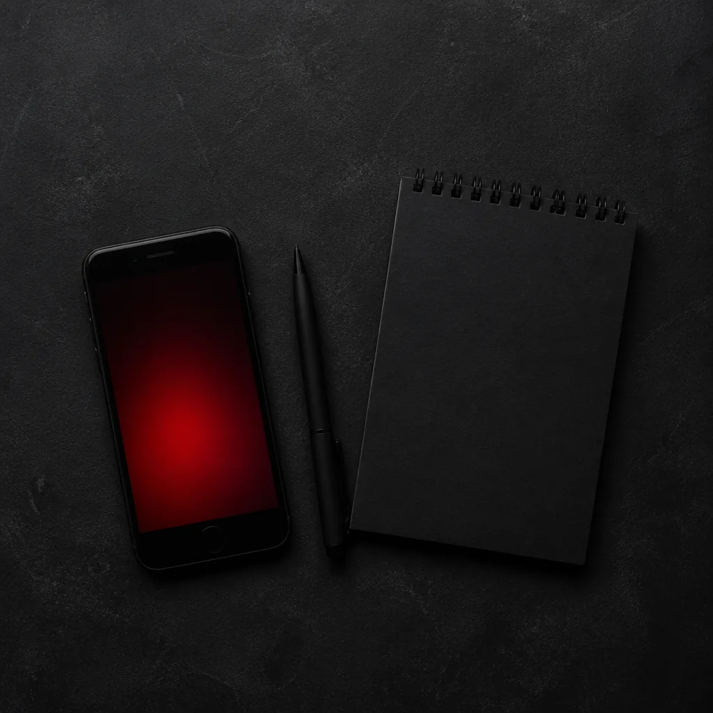 Teléfono con pantalla roja tenue junto a una libreta vacía / Phone with dim red screen next to an empty notepad